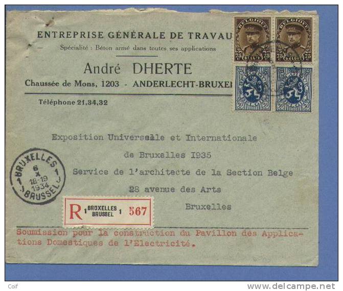 285+341 Op Aangetekende Brief Met Stempel BRUXELLES / BRUSSEL 1 - 1931-1934 Mütze (Képi)