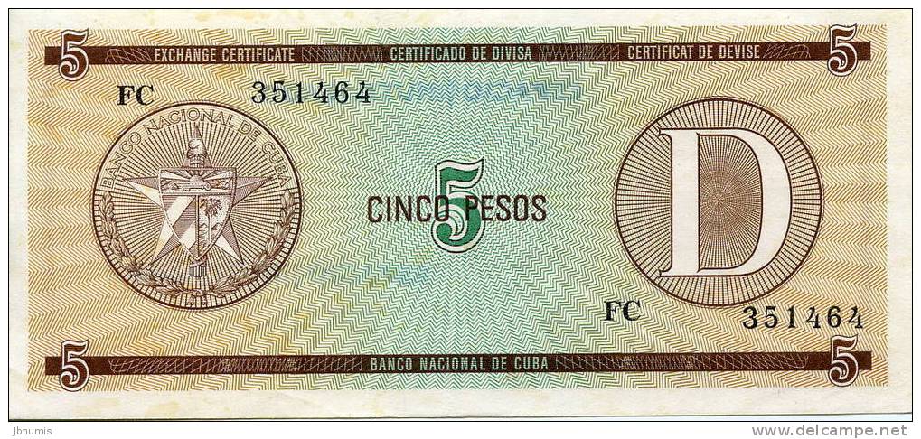 Cuba 5 Pesos Cerificat D´échange International Série D TTB+ PFX29 PAYPAL ATTENDRE / WAITING - Cuba