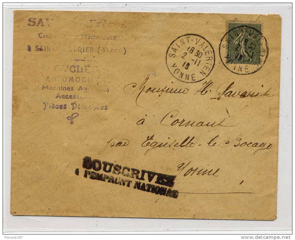 N - LETTRE De SAINT-VALERIEN (Yonne) Pour CORNAUT Par GRISETTE-le-BOCAGE (Yonne) Du 2/11/1915 - Semeuse Lignée à 15 Cts - 1903-60 Semeuse A Righe