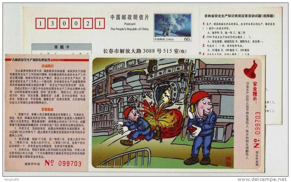 Safety Of Metallurgy Industry,CN 06 Jilin Knowledge Competition Of Safe Production Advertising Pre-stamped Card - Accidents & Sécurité Routière