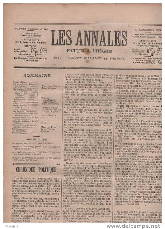 ANNALES 21 SEPTEMBRE 1890 - GENERAL DE MIRIBEL - JOFFRIN - ARGOT - FUSIL A GAZ LIQUEFIE - GRAPHOLOGIE - - 1850 - 1899