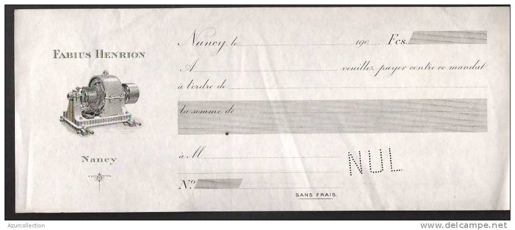 CHEQUE  HENRION NANCY 54.SPECIMEN IMPRIMERIE STERN - Bills Of Exchange