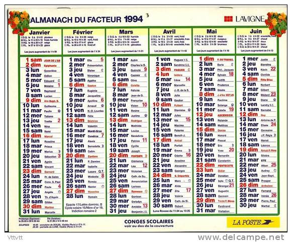 Almanach Du Facteur 1994, Lavigne, Complet. TBE. - Groot Formaat: 1991-00