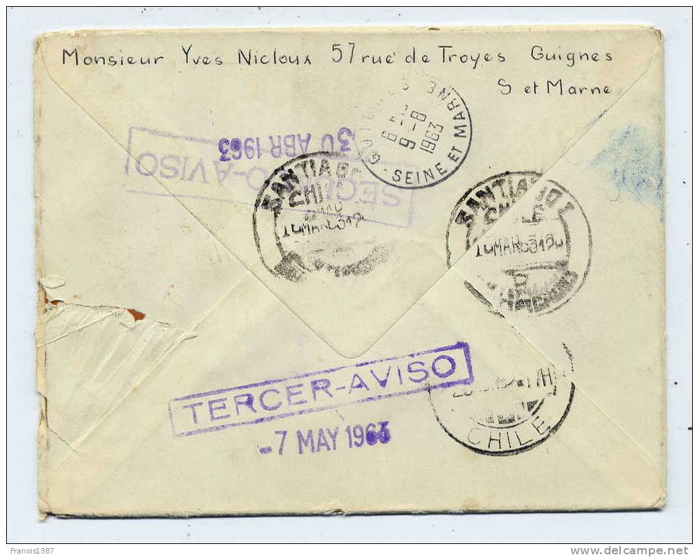 N - Lettre De GUIGNES (Seine Et Marne) Pour Le CHILI Du 7 Janvier 1963 - Divers Cachets Au Dos - Covers & Documents