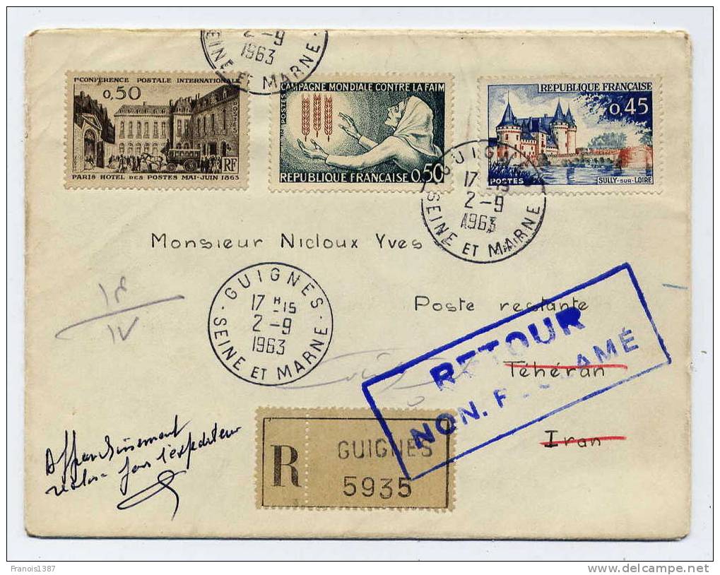 N - Lettre De GUIGNES (Seine Et Marne) Pour TEHERAN (IRAN) Du 2 Septembre 1963 - Covers & Documents