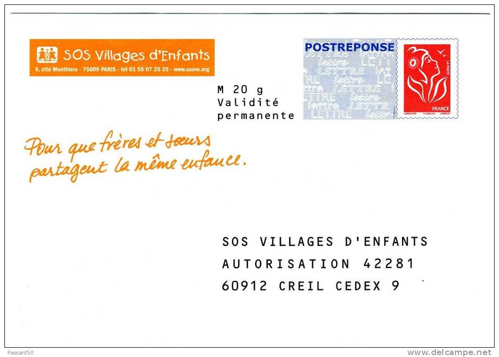 PAP Réponse Lamouche Philaposte SOS Villages D'enfants , Petit Format. Réf: 06P614. TBE. - Prêts-à-poster: Réponse /Lamouche