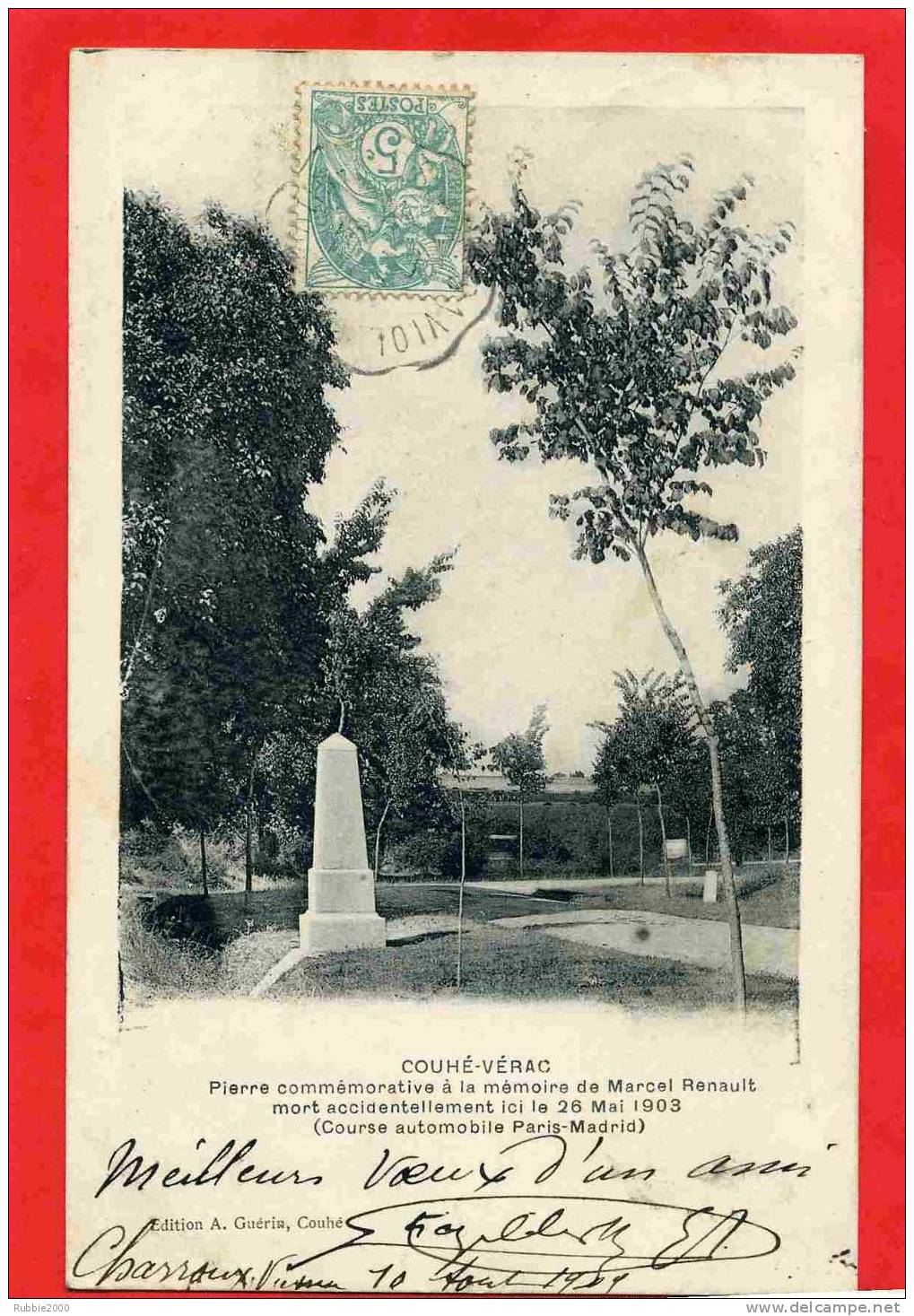 COUHE VERAC 1903 COMMUNE DE CEAUX EN COUHE PIERRE A LA MEMOIRE DE MARCEL RENAULT MORT ICI COURSE AUTO CARTE EN BON ETAT - Otros & Sin Clasificación