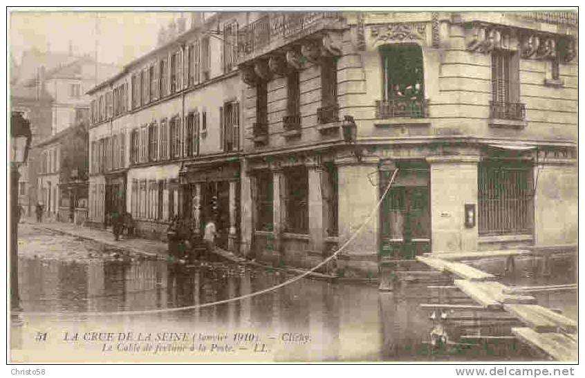 92  CLICHY   Crue 1910  Cable De Fortune à La Poste    Animée - Clichy