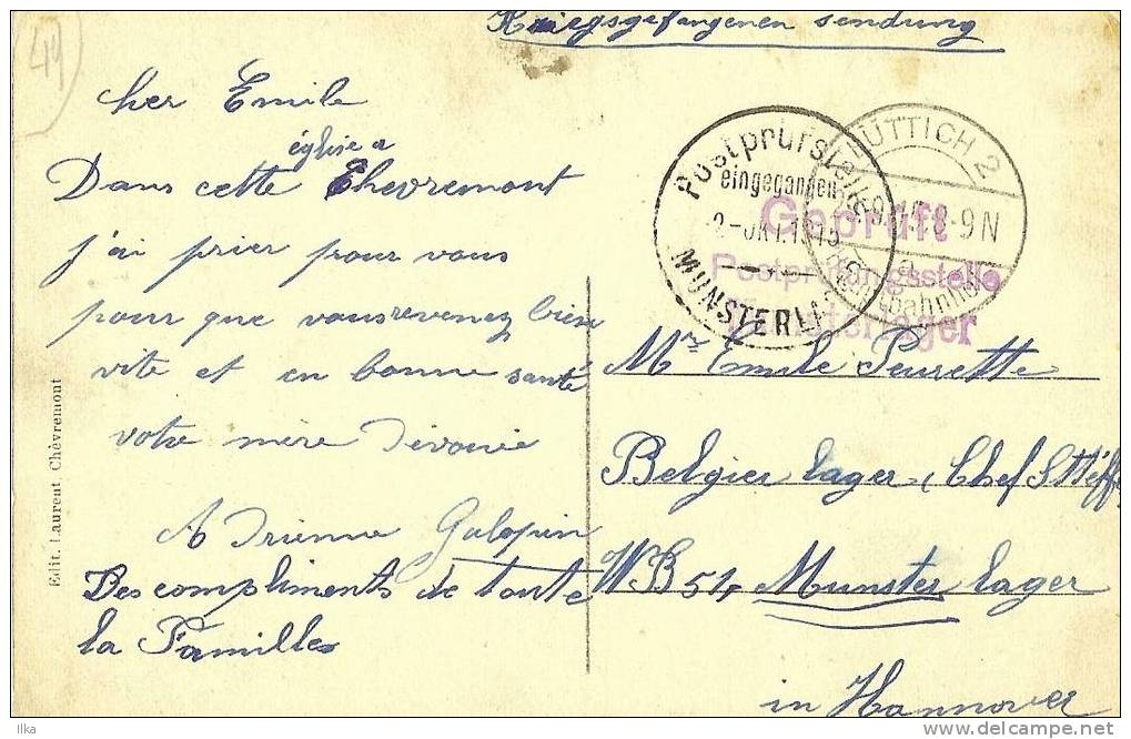 CP - Chevremont. Maître-Autel - Kriegsgefangenensendung - Lüttich 2. 29/09/1915. Geprüft Postprüfungsstelle Munsterlager - Kriegsgefangenschaft