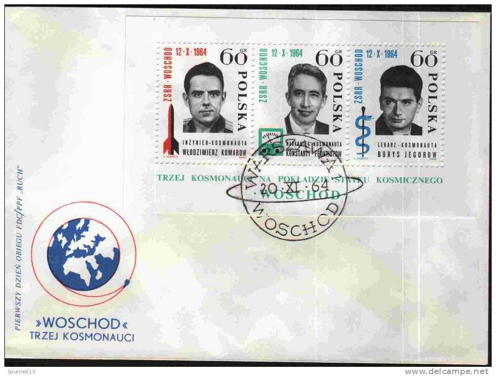 Fdc Pologne 1964 Espace Bloc Fusée Voskhod 3 Russes Komarov Yegorov Feoktistov - Europa