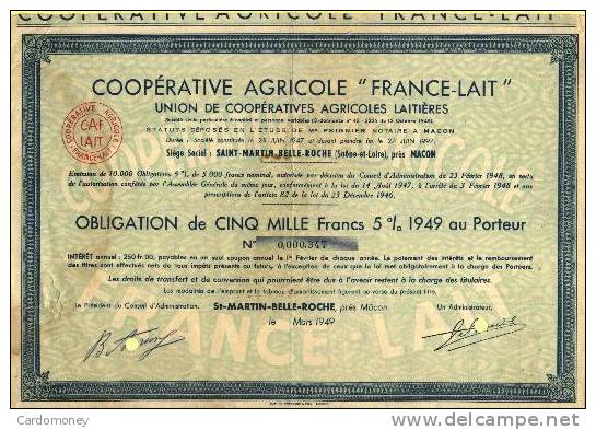 Obligation 5000 Francs FRANCE LAIT 1949 (art. N° 198 ) - Landwirtschaft