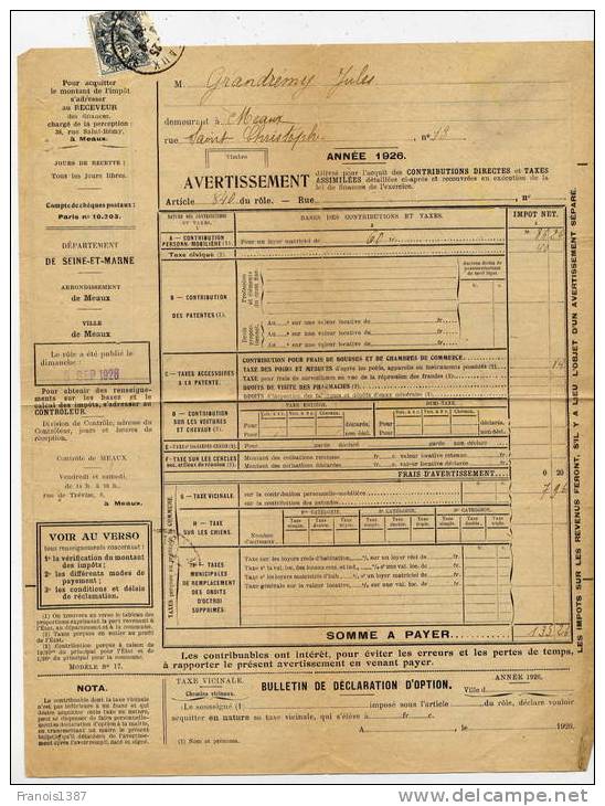 N - Année 1926 - AVERTISSEMENT Pour Acquit Des Contributions Directes Et Taxes - Briefe U. Dokumente