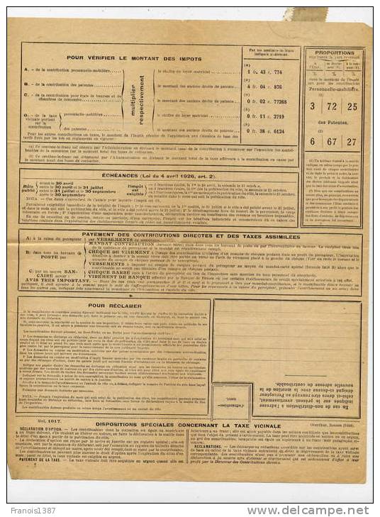 N - Année 1926 - AVERTISSEMENT Pour Acquit Des Contributions Directes Et Taxes - Briefe U. Dokumente