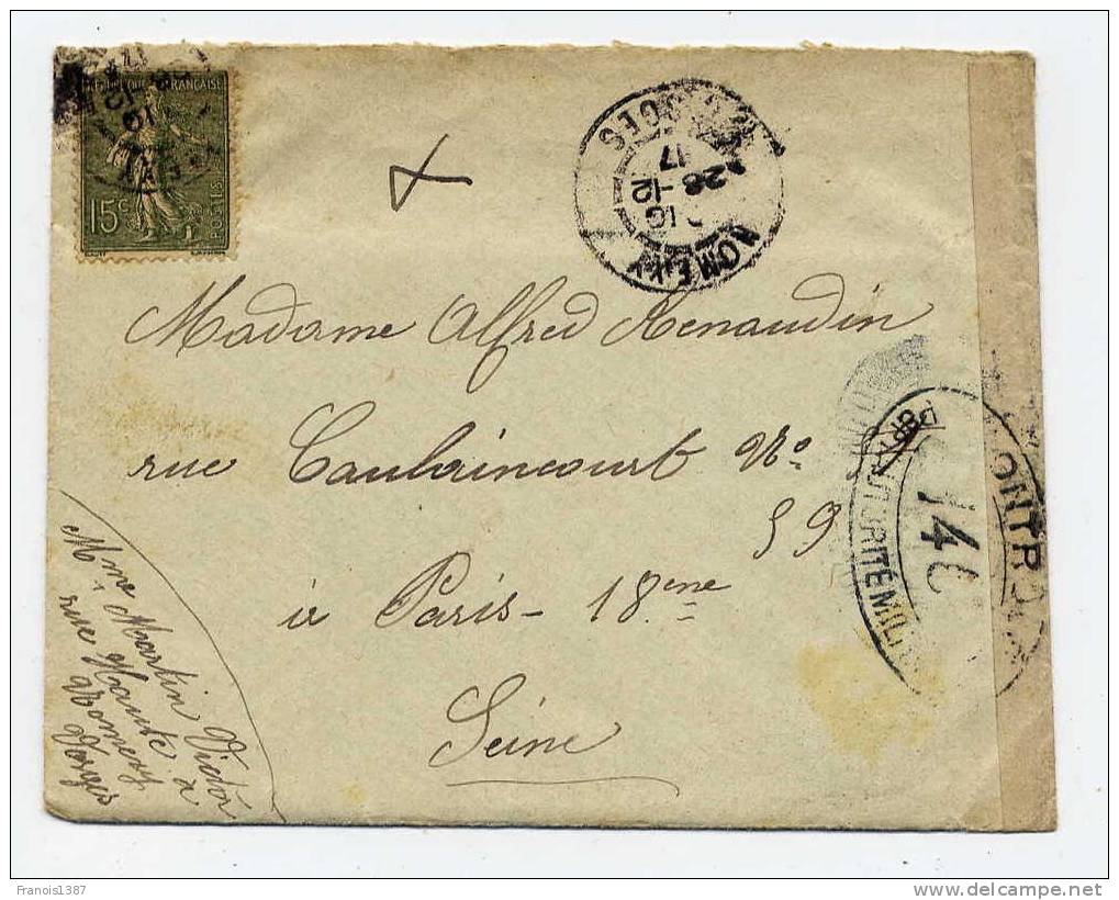 N - Lettre De NOMEXY (Vosges) Pour PARIS Du 28 Décembre 1917 - Bande De Censure Miitaire - Briefe U. Dokumente