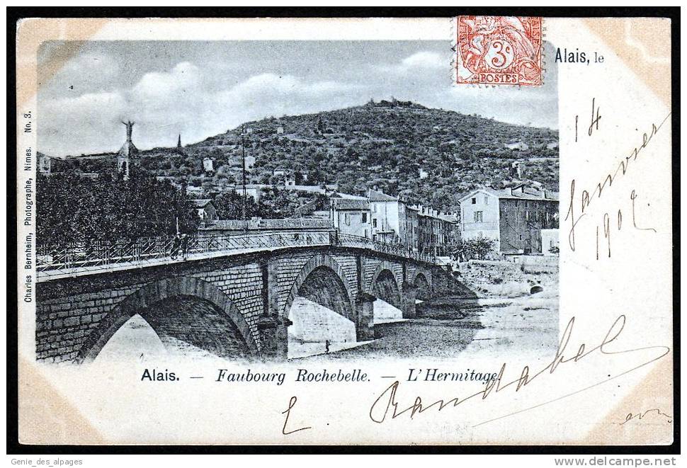 30, Alès, Alais, Faubourg Rochebelle, L´Hermitage, Dos 1900, Circulé 1902, 2 Timbres, Ed Bernheim - Alès