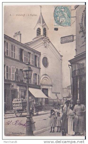 MALAKOFF . L'église,au Bas Coin Droit(BOULANGERIE BELLE ANIMATION)(COIFFEUR)a Gauche Attelage De Laiteries -BELLE CP - Malakoff