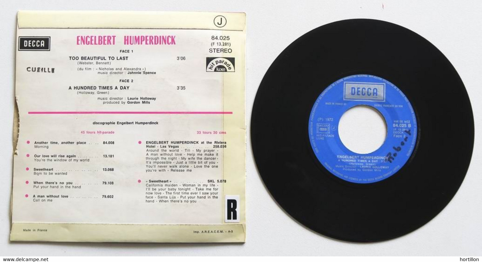 Engelbert Humperdinck - Too Beautiful To Last - 7" 45 Tours Vinyle SP DECCA - Collector's Editions