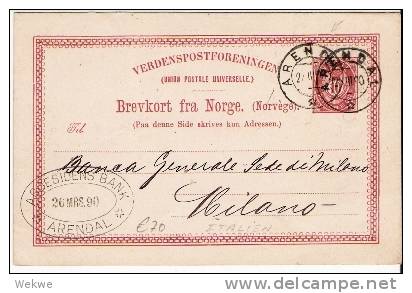 N039/ Arendal, Bankkorrespondenz Nach  Milano, Italien 1890 - Postal Stationery