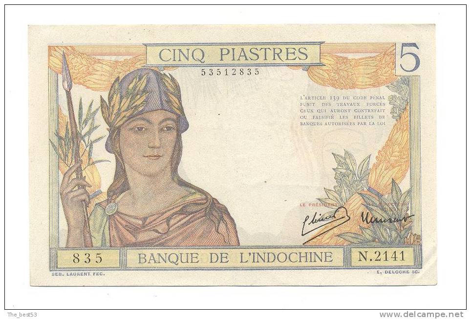 5 Piastres Type 1931 (II)  C  Femme Casquée Avec Cartouche - Indochina