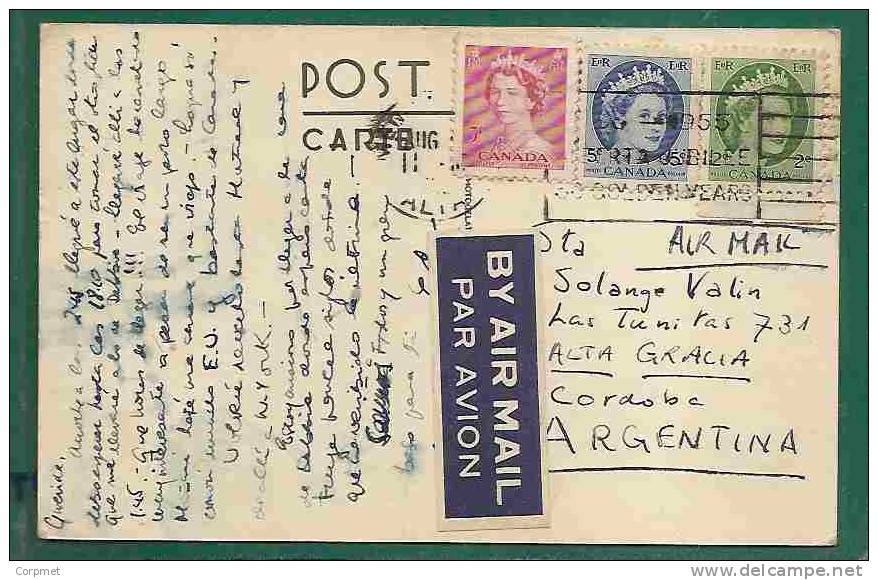 CANADA - VF ALBERTA To BUENOS AIRES TRICOLOR POSTAGE On St. Patrick´s Catholic Church, Medicine Hat ALBERTA  POSTCARD - 1953-.... Reinado De Elizabeth II