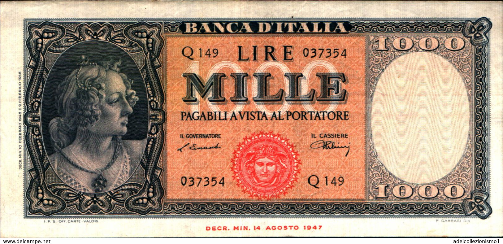 1751)splendida  Banconota Da 1000£ Ornata Di Perle  Del 10-2-1948 - 1000 Liras