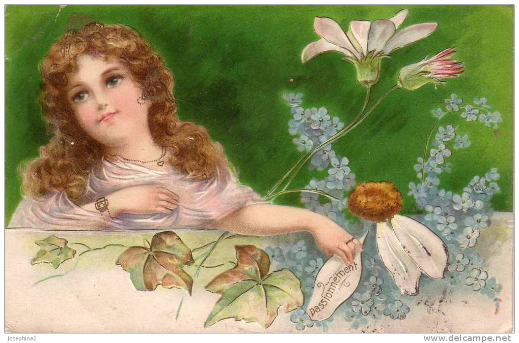 Carte   1905  Série En Relief Fillette Marguerite (passionnement  )- Mysotis - Collections, Lots & Series