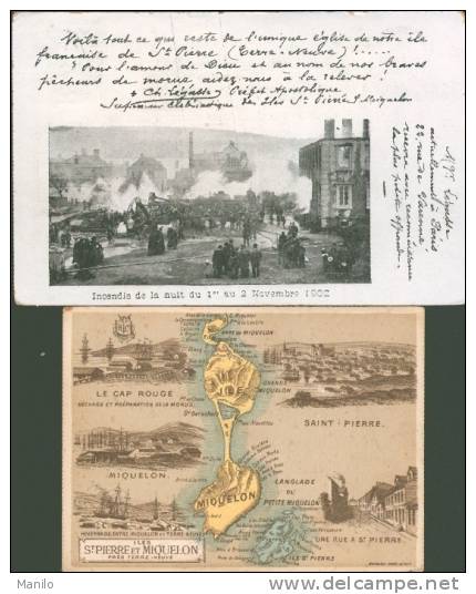 SAINT PIERRE ET MIQUELON - CARTE DIDACTIQUE LITHOGRAPHIEE De L'ILE MIQUELON Dessinée Par A.NORMAND  & INCENDIE EN 1902 - Saint-Pierre-et-Miquelon