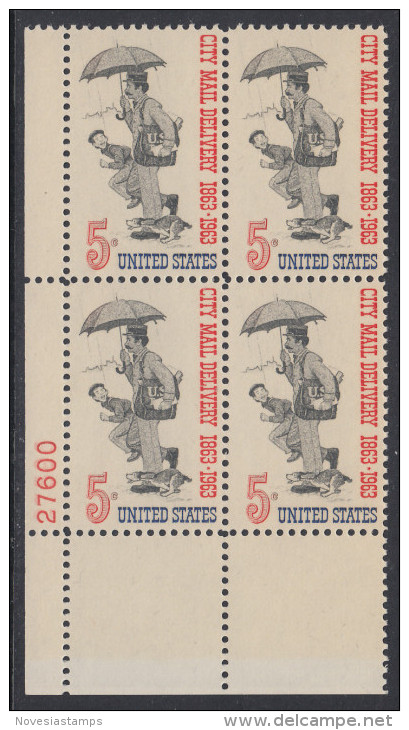 !a! USA Sc# 1238 MNH PLATEBLOCK (LL/27600) - City Mail Delivery - Neufs