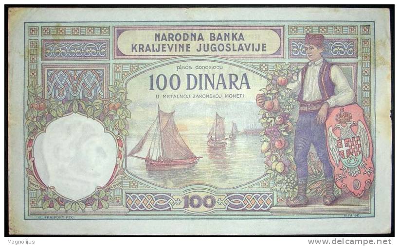 Banknote,paper Money,100 Dinars,Watermark-Obrenovic,Yugoslavia Kingdom,1929.,dim 155x88mm - Yougoslavie