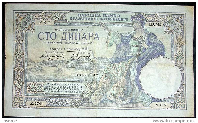 Banknote,paper Money,100 Dinars,Watermark-Obrenovic,Yugoslavia Kingdom,1929.,dim 155x88mm - Yugoslavia