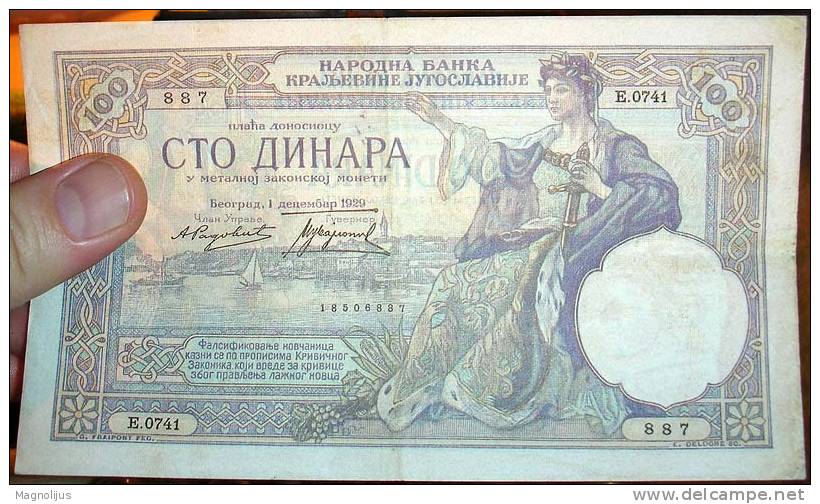 Banknote,paper Money,100 Dinars,Watermark-Obrenovic,Yugoslavia Kingdom,1929.,dim 155x88mm - Yougoslavie