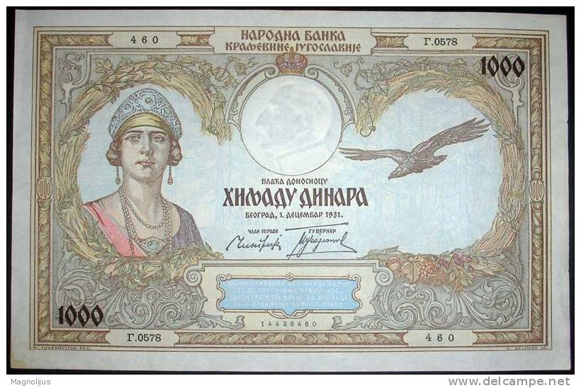 Banknote,paper Money,1000 Dinars,Yugoslavia,Kingdom,1931.,dim 195x121mm - Jugoslawien