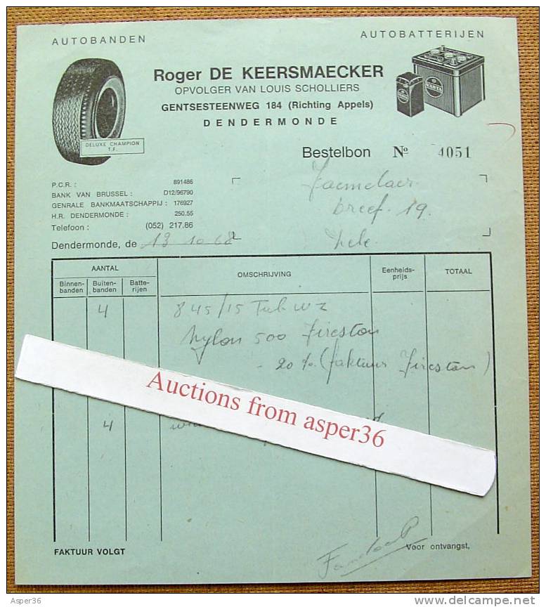 Factuur "Autobanden / Autobatterijen R.De Keersmaecker, Dendermonde 1968 - 1950 - ...