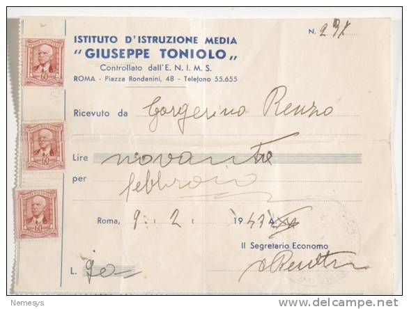 RICEVUTA PAGAMENTO Istituto Giuseppe Toniolo Con Bollo 1943 - Fiscale Zegels
