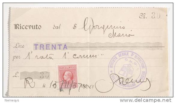 RICEVUTA PAGAMENTO Istituto Serale Della Maddalena Con Bollo 1937 - Revenue Stamps