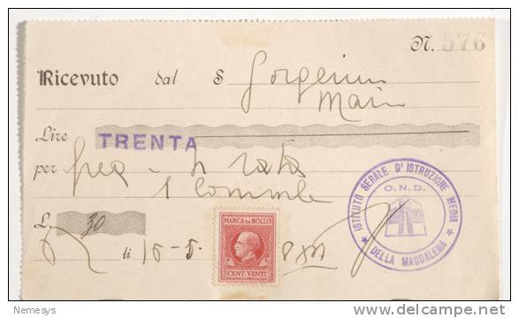RICEVUTA PAGAMENTO Istituto Serale Della Maddalena Con Bollo 1937 - Steuermarken