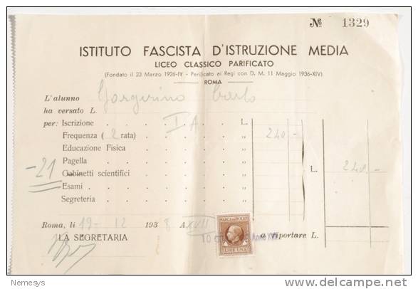 RICEVUTA PAGAMENTO Istituto Fascista Di Istruzione Media Con Bollo 1938 - Steuermarken