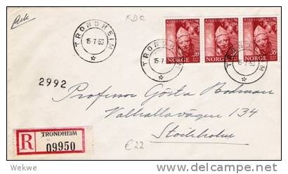 N125/ - NORWEGEN - Kirchenjubiläum 1953, 3-er Streifen, FDC, Einschr. Trondheim - Lettres & Documents