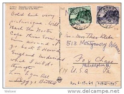 N136/- NORWEGEN -  Nordcap 25 + 65 Öre Auf Postkarte Nach USA, Nordcapstpl. 21.6.64 - Cartas & Documentos