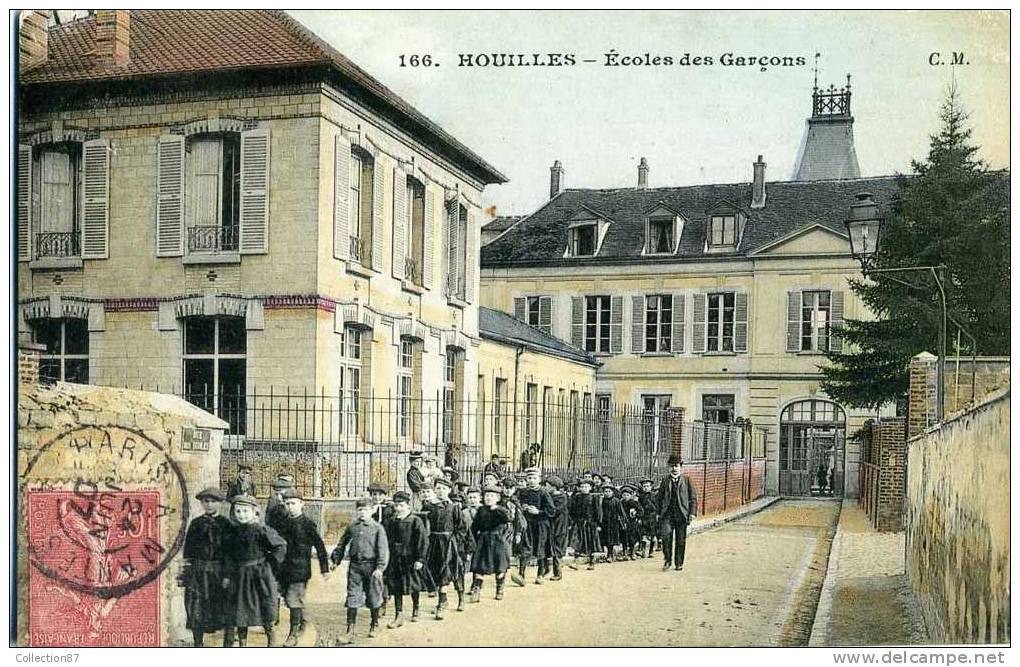 78 - YVELINES - HOUILLES - SORTIE Des ECOLIERS De L´ECOLE Des GARCONS - BELLE CARTE AQUARELLEE En 1900 - Houilles