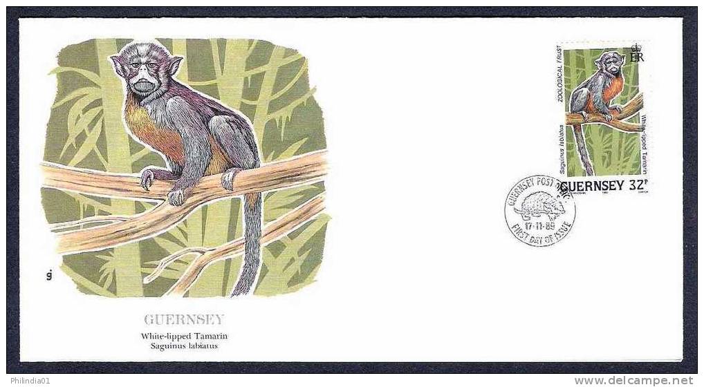 Guernsey 1989 White - Lipped Tamarin, Monkey, Animal, Mammal, Wild Life, Fauna FDC # 7168 - Apen