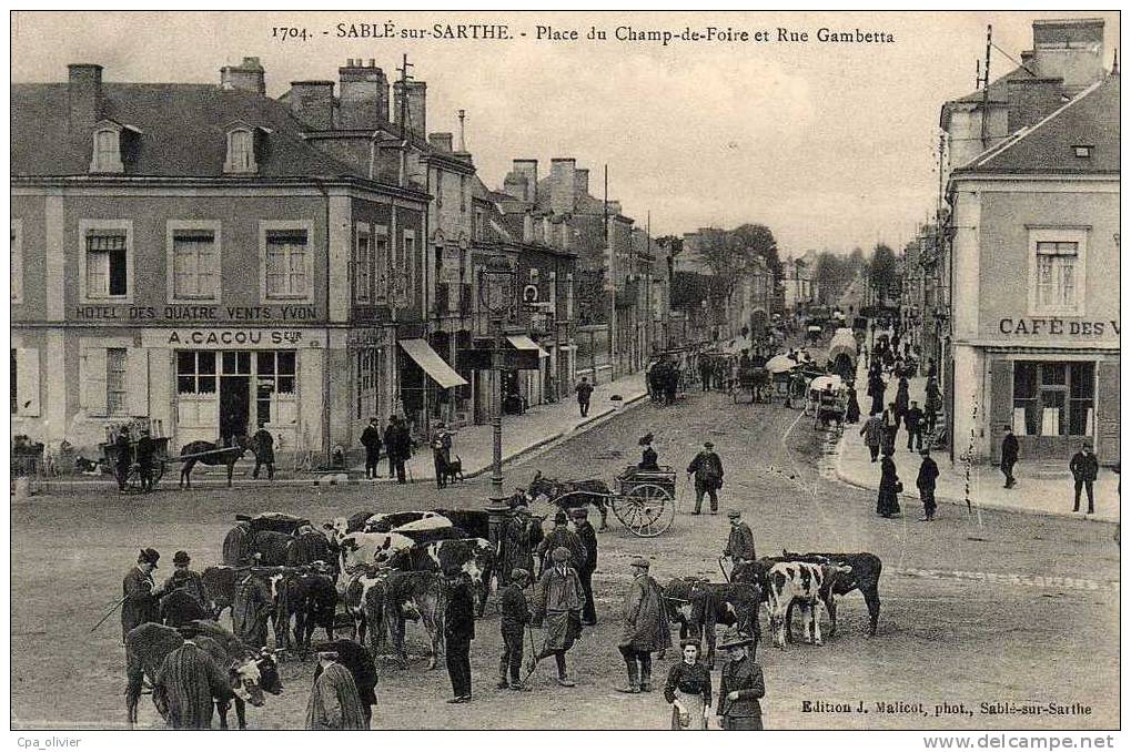 72 SABLE SUR SARTHE Place Du Champ De Foire, Rue Gambetta, Marché Aux Boeufs, Ed Malicot 1704, 191? - Sable Sur Sarthe