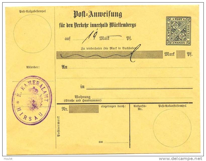 Württemberg Mi.N° Ganzsache ADU24 Post-Anweisung Für Den Verkehr Innerhalb Württembergs. - Ganzsachen