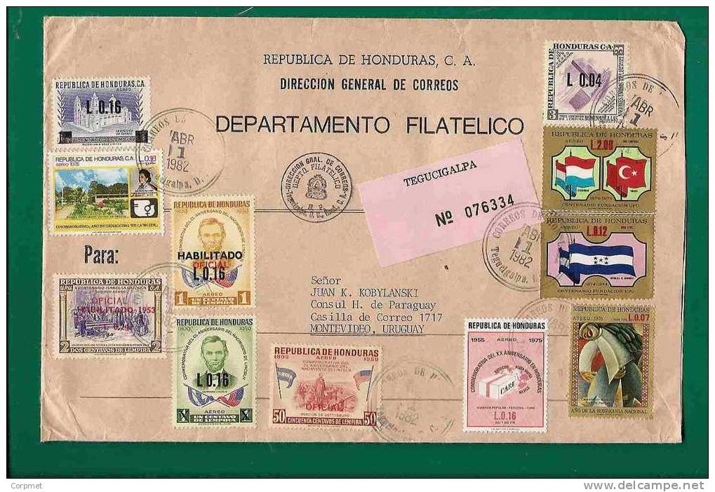 HONDURAS - FLAGS - U.P.U. - PROFUSE TOPICAL FRANKING ( 11 STAMPS) On Registered COVER From TEGUCIGALPA To MONTEVIDEO - Honduras