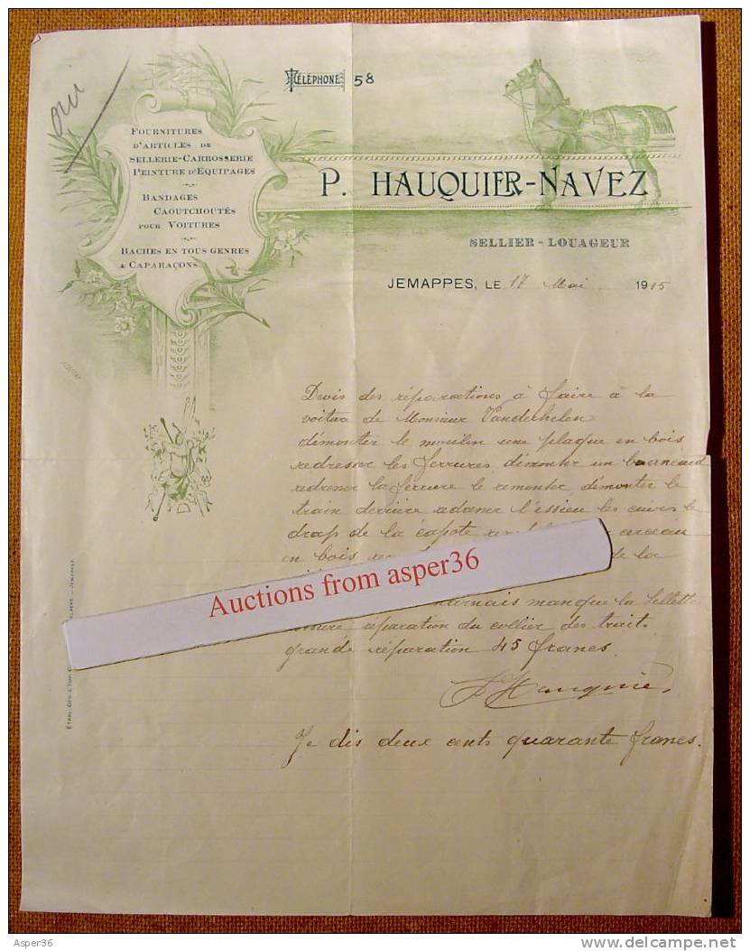 Lettre "Fournitures D'Articles De Sellerie, P.Hauquier-Navez, Jemappes 1915" - Other & Unclassified