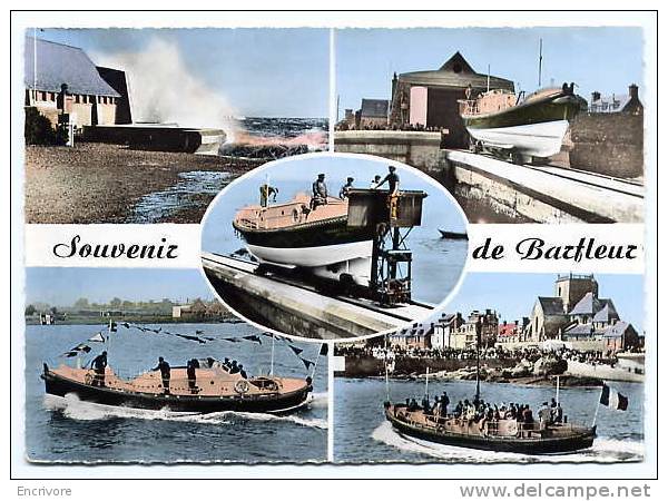 Cpsm Souvenir De BARFLEUR Canot De Sauvetage Mise à La Mer 5 Vues -ed Normandes Le Gourbey 60 123 - Barfleur