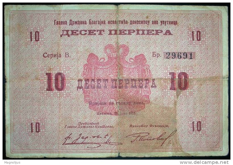 Banknote,paper Money,Montenegro,Kingdom,10 Perper,1914.,dim155x105mm. - Andere - Europa