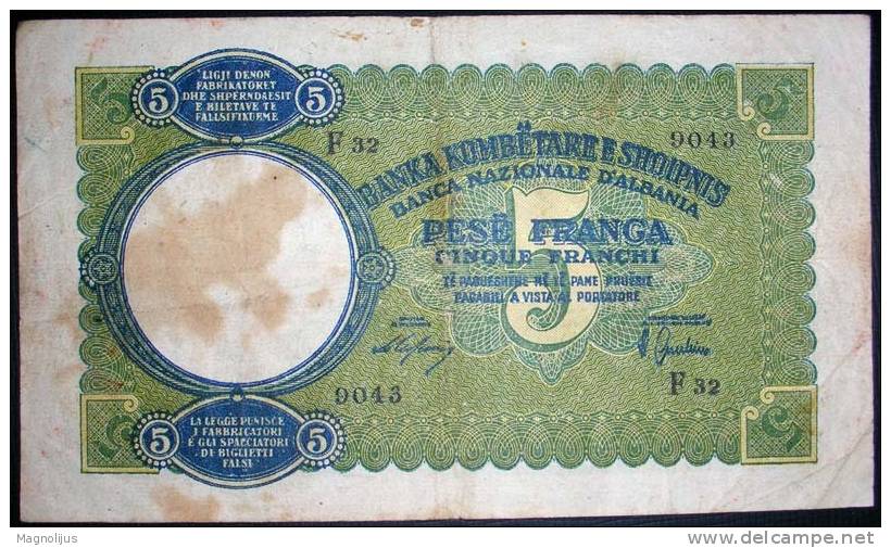 Banknote,paper Money,Albania,Shqipnis,5 Franga,Cinque Franchi,dim.130x76mm. - Albanien