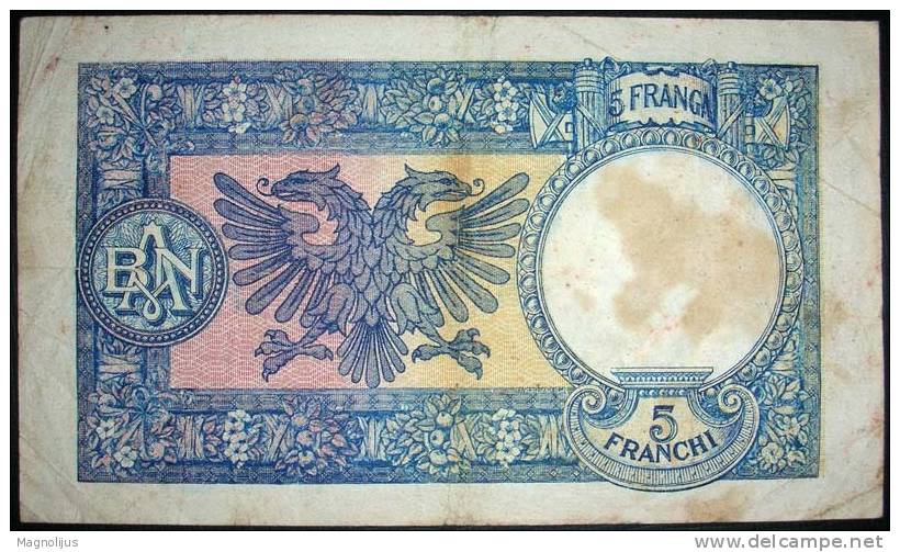 Banknote,paper Money,Albania,Shqipnis,5 Franga,Cinque Franchi,dim.130x76mm. - Albania