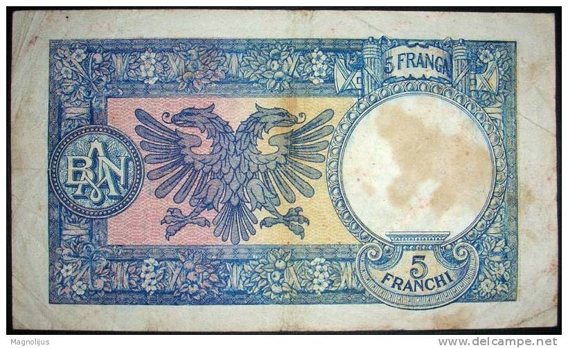 Banknote,paper Money,Albania,Shqipnis,5 Franga,Cinque Franchi,dim.130x76mm. - Albanie